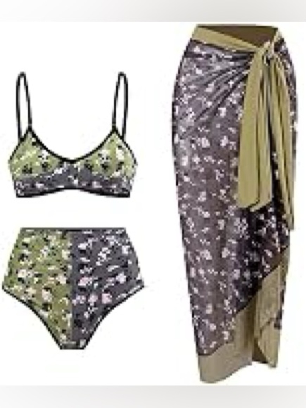 New Green Sarong Swimsuit Set Bikini Set Cover Up Wrap Skirt  Flower